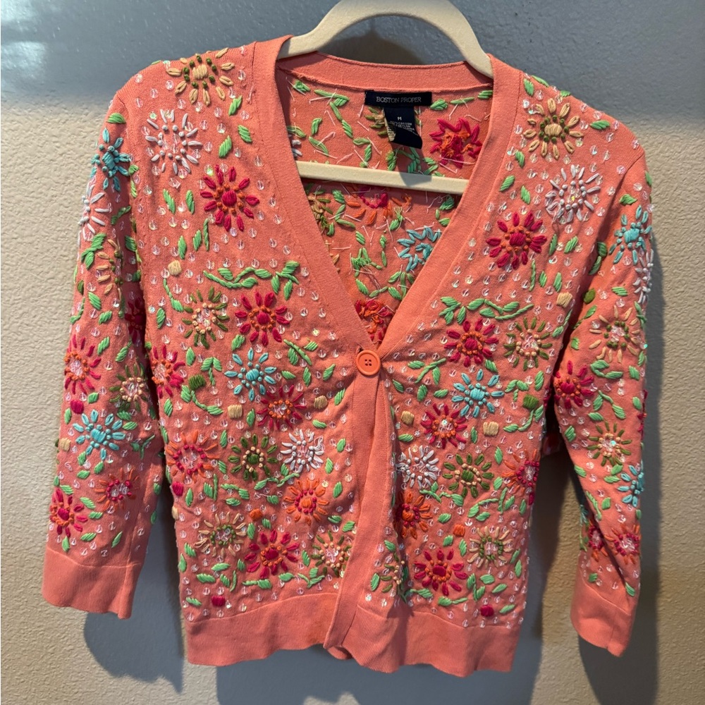 Boston Proper Pink Embroidered Embellishment Women’s Cardigan Sweater Size M